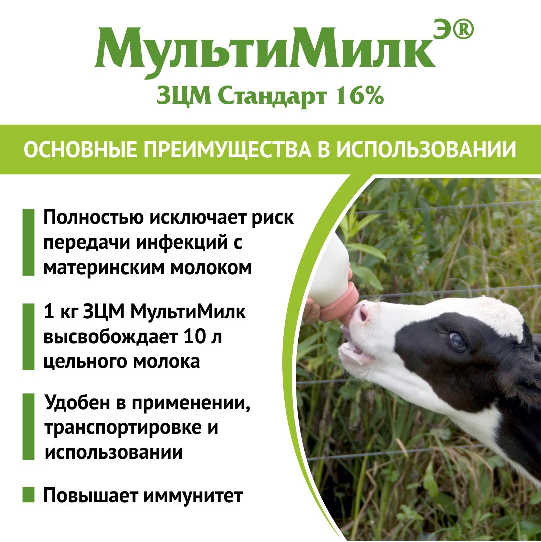 Заменитель цельного молока (ЗЦМ) для телят с 25-го дня жизни МультиМилкЭ 16% Стандарт. 10 кг. РОСАГРОКОРМ