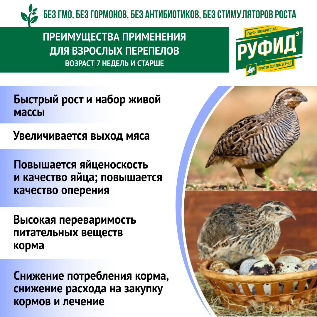Витамины для птиц. Добавка в комбикорм. Корм перепелов 7 недель и старше. БВМК РУФИДэ. РОСАГРОКОРМ. 10 кг