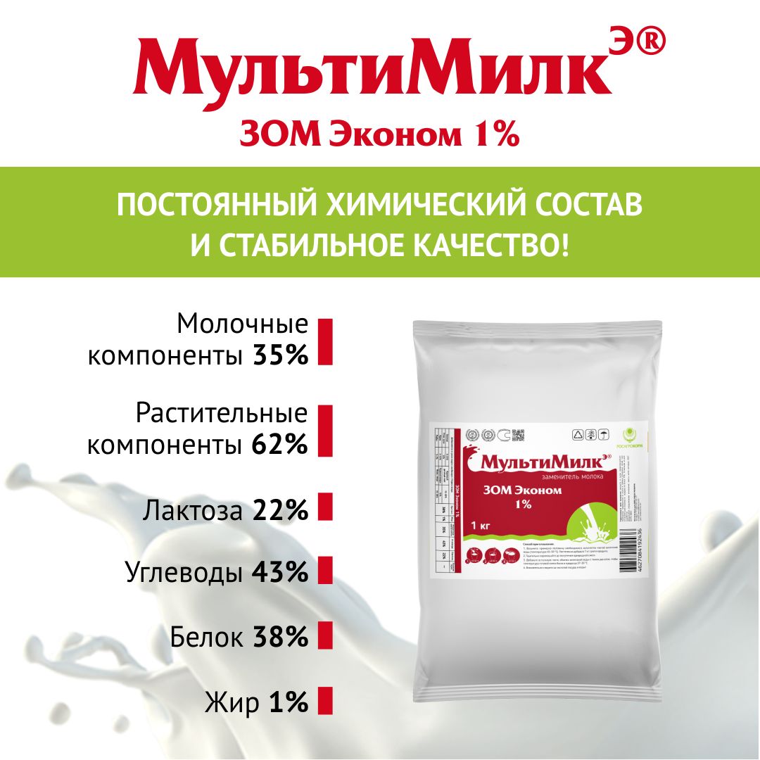 Заменитель обезжиренного молока (ЗОМ) для поросят, телят, ягнят, козлят, жеребят, буйволят, птицы МультиМилкЭ 1% Эконом 1 кг. РОСАГРОКОРМ