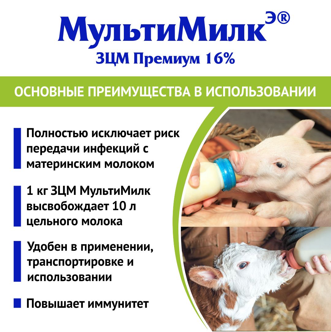 Заменитель цельного молока (ЗЦМ) для телят с 11-го дня жизни, для поросят с 20-го дня жизни МультиМилкЭ 16% Премиум. 1 кг. РОСАГРОКОРМ