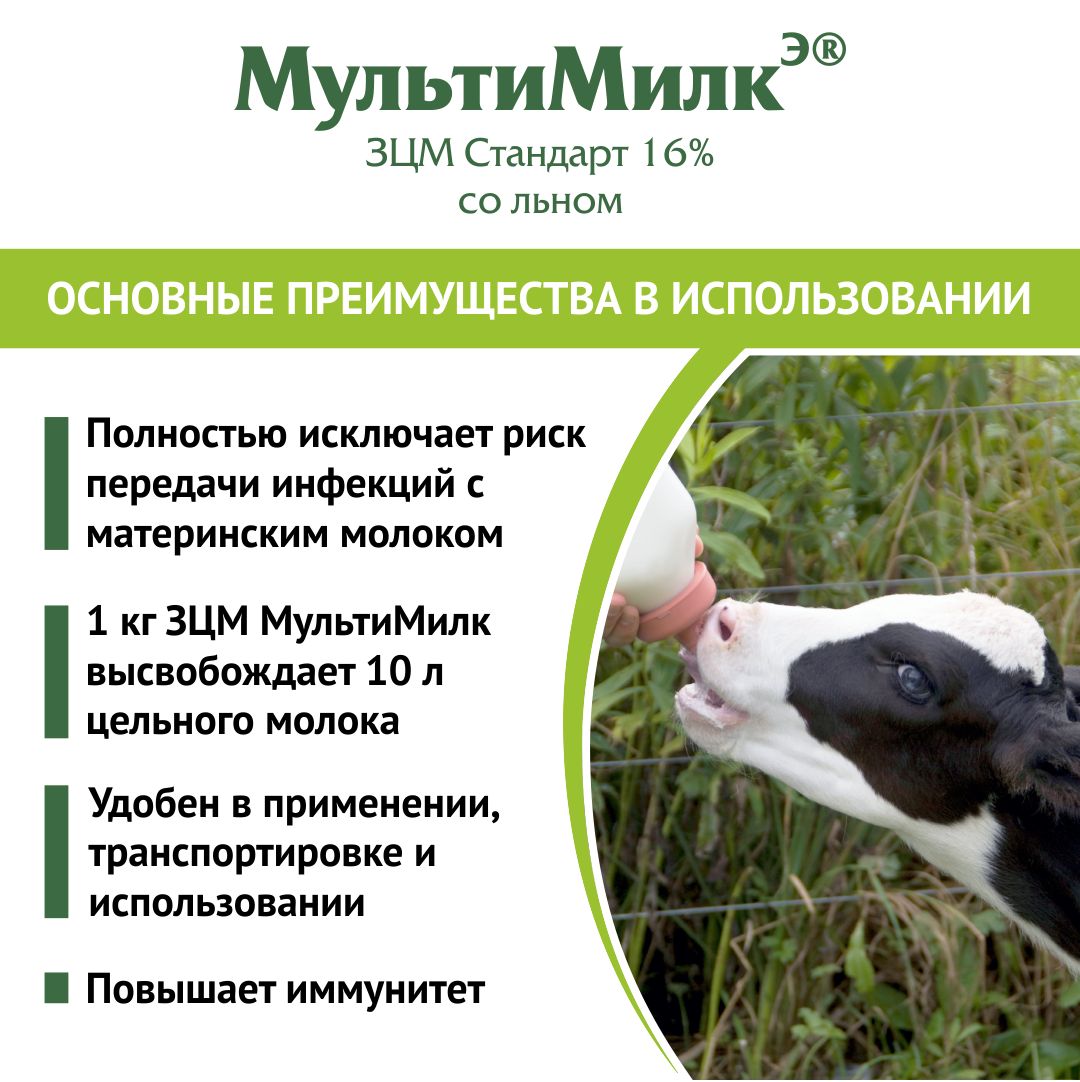 Заменитель цельного молока (ЗЦМ) для телят с 11-го дня жизни МультиМилкЭ 16% Стандарт с льняной мукой 1 кг. РОСАГРОКОРМ
