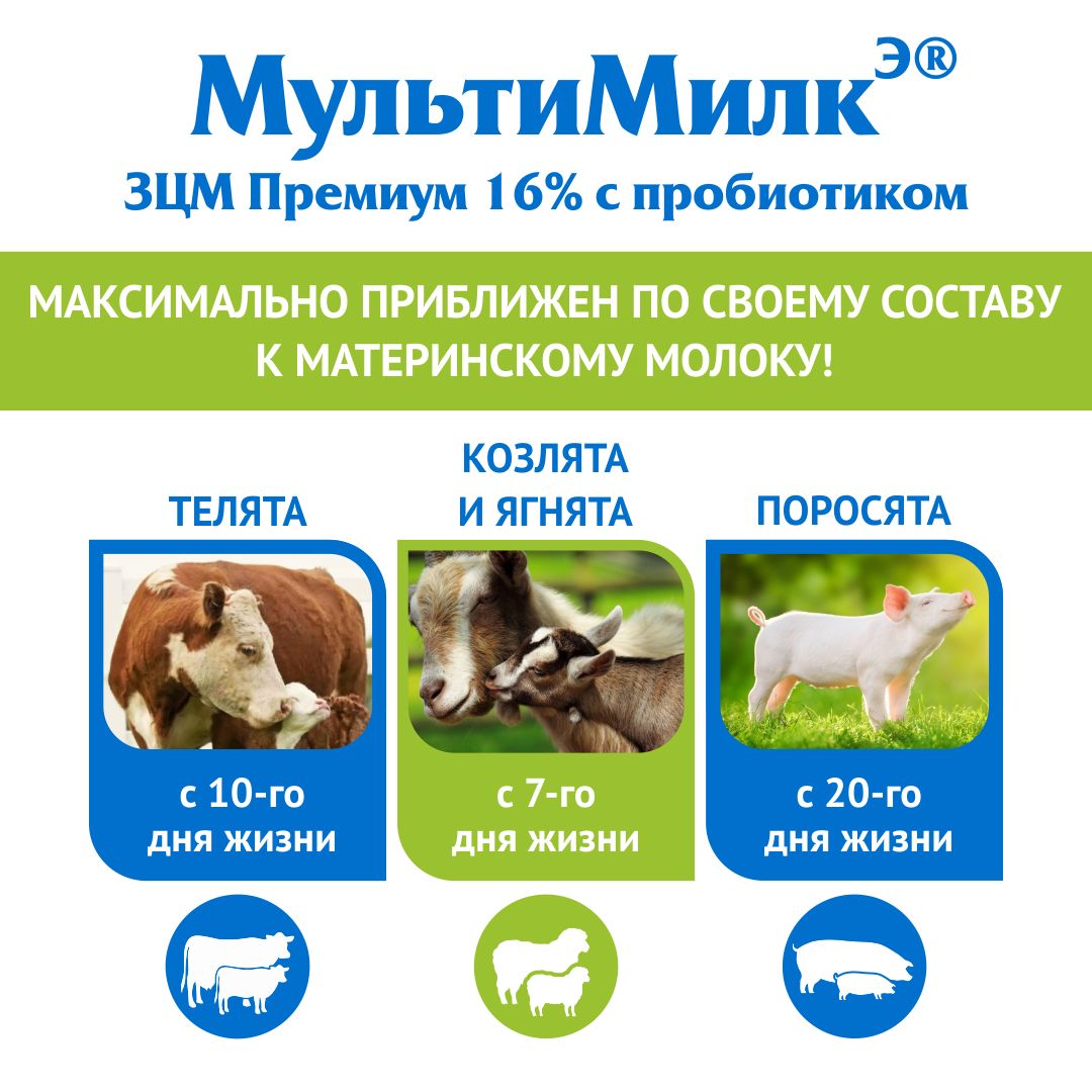 Заменитель цельного молока (ЗЦМ) для телят с 10-го дня жизни, для козлят и ягнят с 7-го дня жизни, для поросят с 20-го дня МультиМилкЭ 16% Премиум с пробиотиком 1 кг