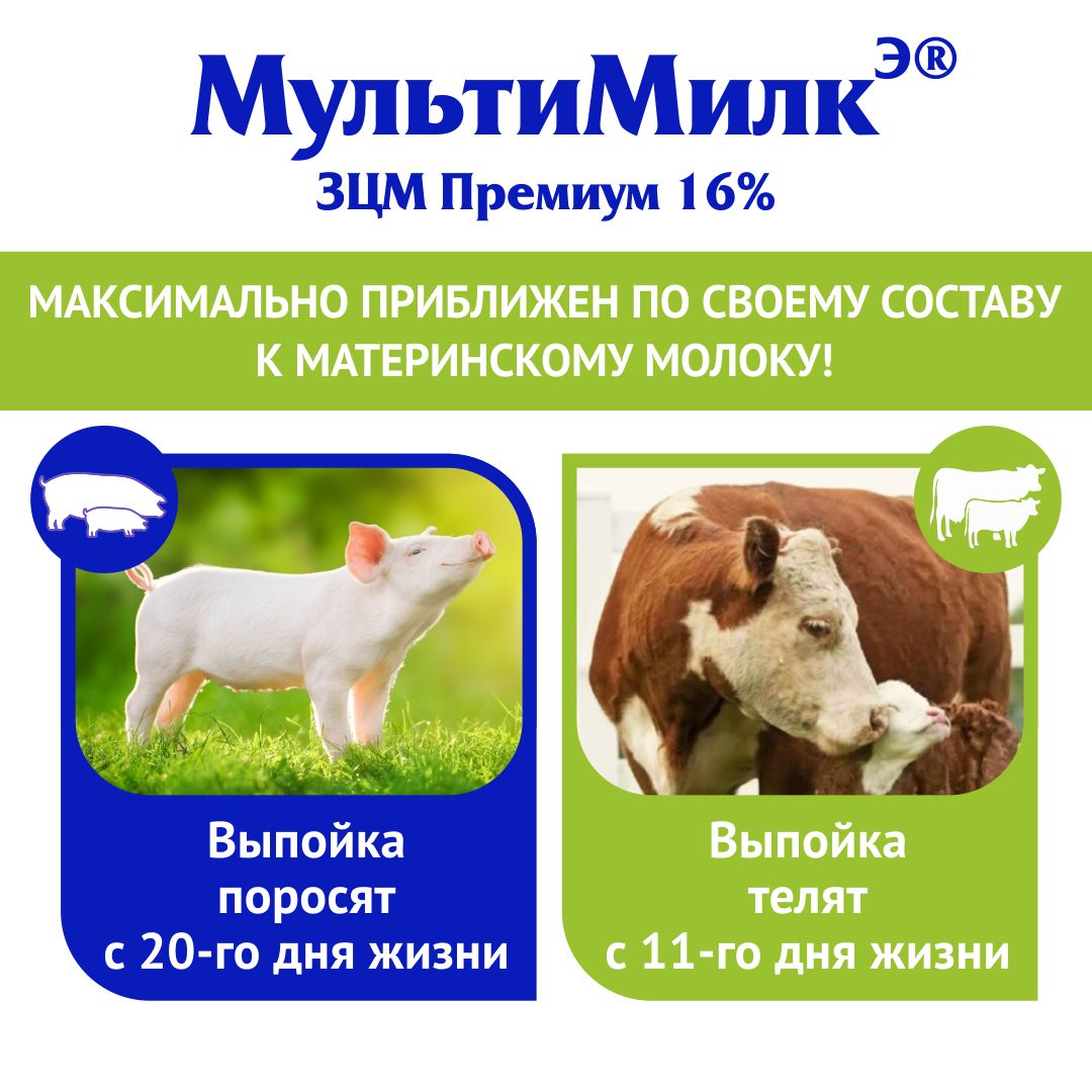 Заменитель цельного молока (ЗЦМ) для телят с 11-го дня жизни, для поросят с 20-го дня жизни МультиМилкЭ 16% Премиум. 1 кг. РОСАГРОКОРМ